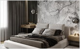 Большая кровать в спальне и мягкими простыми формами в скандинавском стиле