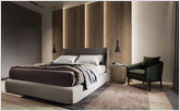 Large bed in the bedroom with a creative headboard