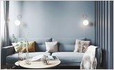 Blue living room in scandinavian style with acsessories