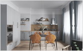Кухня-столовая со столом легкой конструкции и деревянными стульями