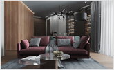 Просторная гостиная с ярким диваном и кубом в светлой отделке