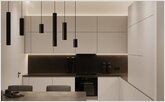 Bright kitchen with a black apron