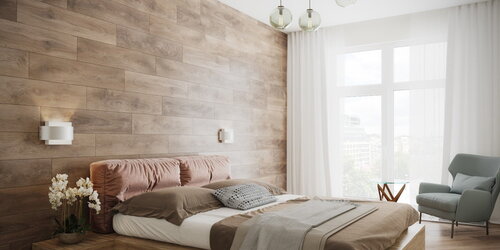 Спальня в стиле минимализм с деревянным изголовьем